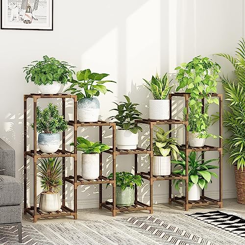 Bamworld Large Plant Shelf Outdoor Wood Plant Stand Large Rack for Living Room Patio, Balcony and Garden