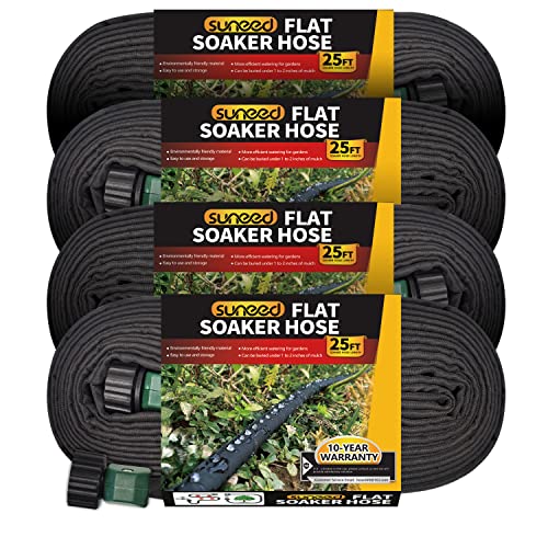 Suneed 4 Pack Flat Soaker Hose 25FT for Garden Beds, Drip Soaker Hose 50 ft 100 ft for Foundation Watering of Plants – Garden Soaker Hoses with Heavy Duty & Easy to Install (25ftx4)