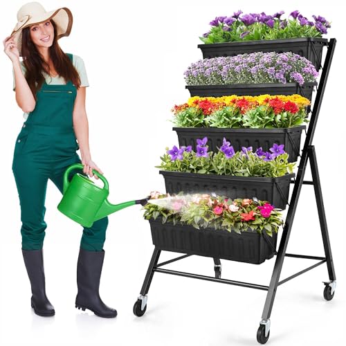 Homdox 4FT Vertical Garden Bed, 5 Tiers Vertical Raised Garden Planter, 25.6 * 26 * 48Inch Garden Raised Bed with 4 Hooks & 4 Wheels, Vegetable Flower Planter Raised Stand for Garden Patio Yard, Black