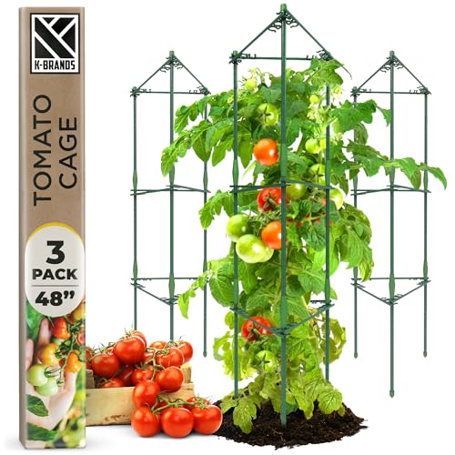 K-Brands Tomato Cage - Premium Tomato Trellis and Plant Support for Tomatoes, Vegetable and Climbing Plants - Tomato Cages for Garden and Pots Outdoor (3 Pack - Upto 48 inches)