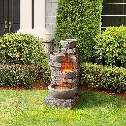 Teamson Home 33.25 in. Cascading Bowls and Stacked Stones LED Outdoor Water Fountain for Gardens, Landscaping, Patios, Balconies, and Lawns for a Calming Oasis in Outdoor Living Spaces, Stone Gray